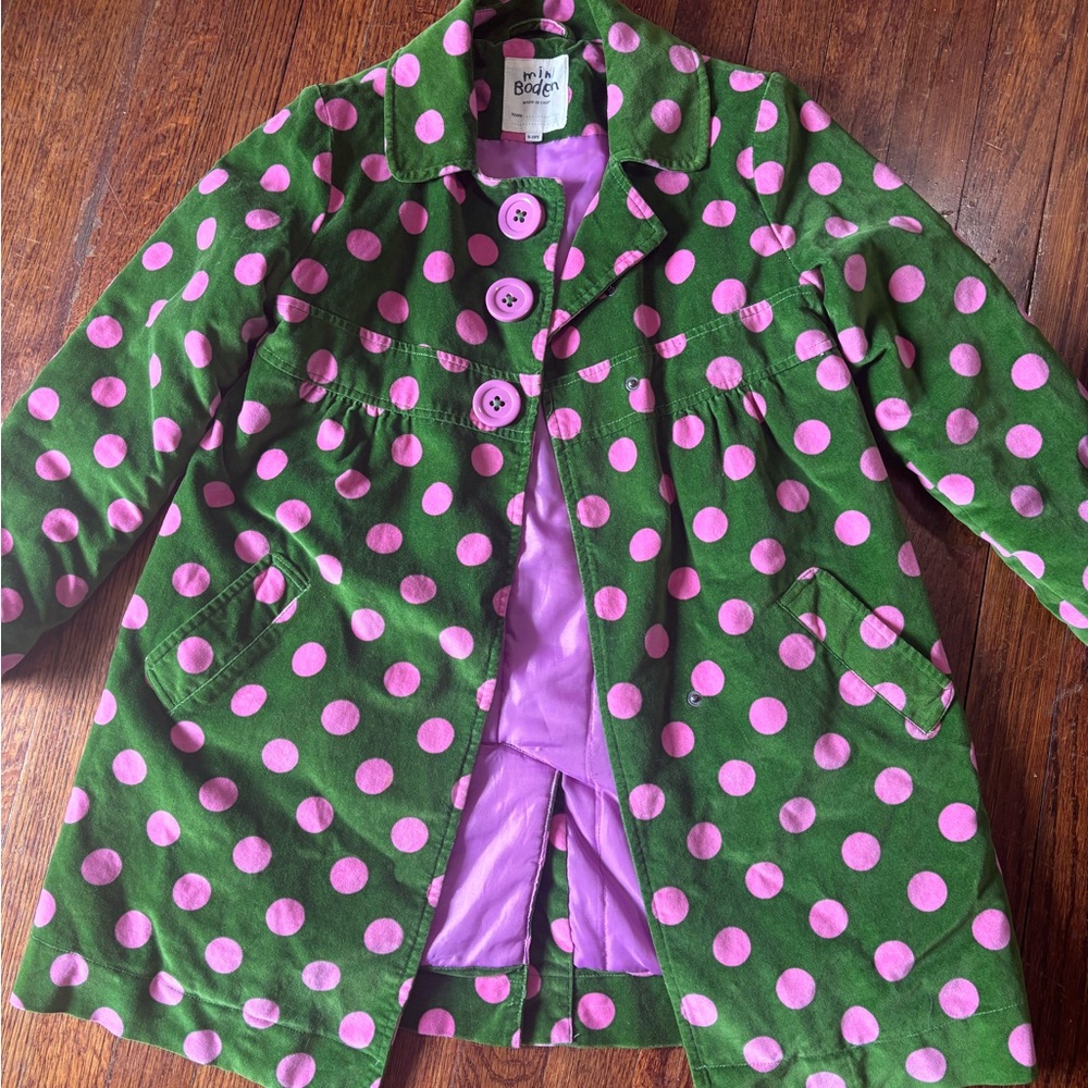 Mini Boden Green Cotton Velour Spring Jacket with Pink Polka Dots 9/10Y